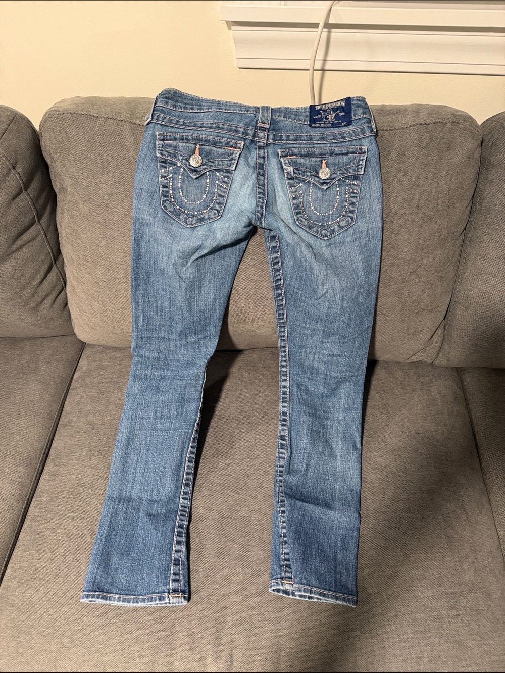 True Religion Medium Blue Embellished Back Pocket Boyfriend Jeans